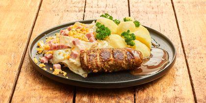 Boomstammetje met aardappelen en witlof met ham en kaas