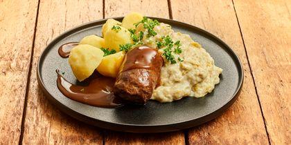 Rundervink met aardappelen en witlof à la crème