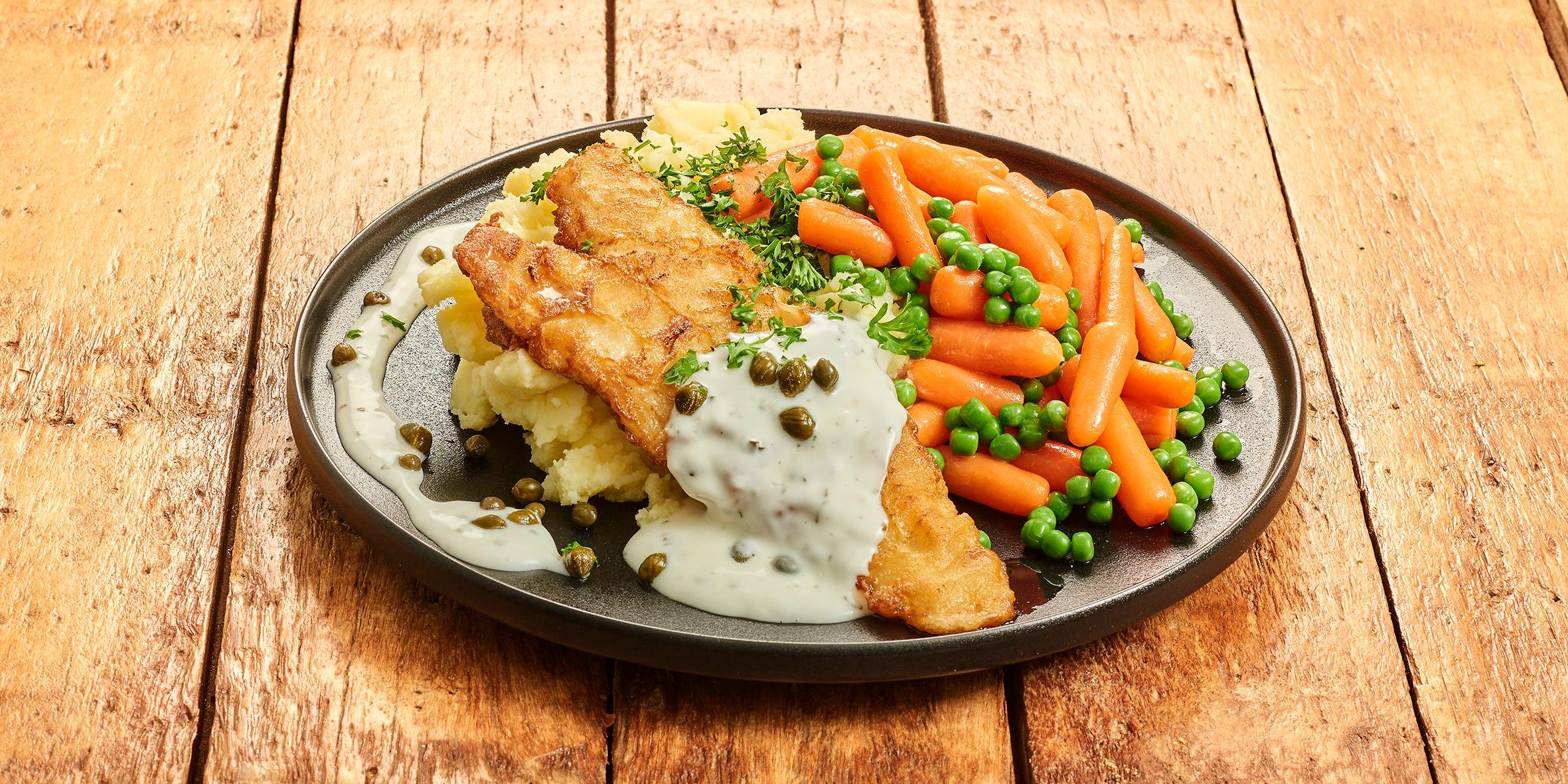 Lekkerbekje met doperwten, wortel en puree