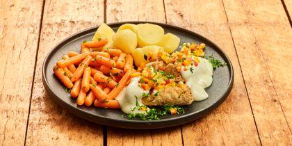 Kabeljauw met hollandaise, aardappel en bospeen