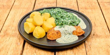 Zalm met spinazie, aardappelen en dillesaus