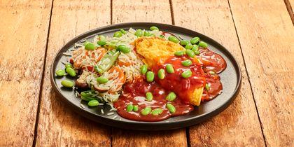 Foe yong hai met ei, rijst en edamame boontjes