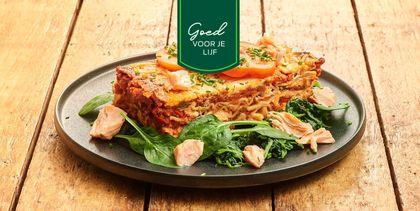 Lasagne van zalm, spinazie en trostomaat