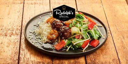Chinese gehaktballen met gamba's, paksoi en rijst