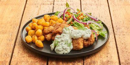 Kibbeling met krieltjes, ravigottesaus en ratatouille