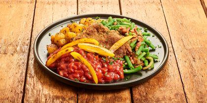Vegetarische schnitzel stroganoff met krieltjes en sperziebonen