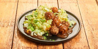 Stamppot prei met vegetarische balletjes in jus