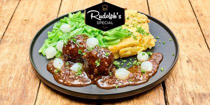 Gehaktballen in ketjapjus met koolrabi-aardappelgratin