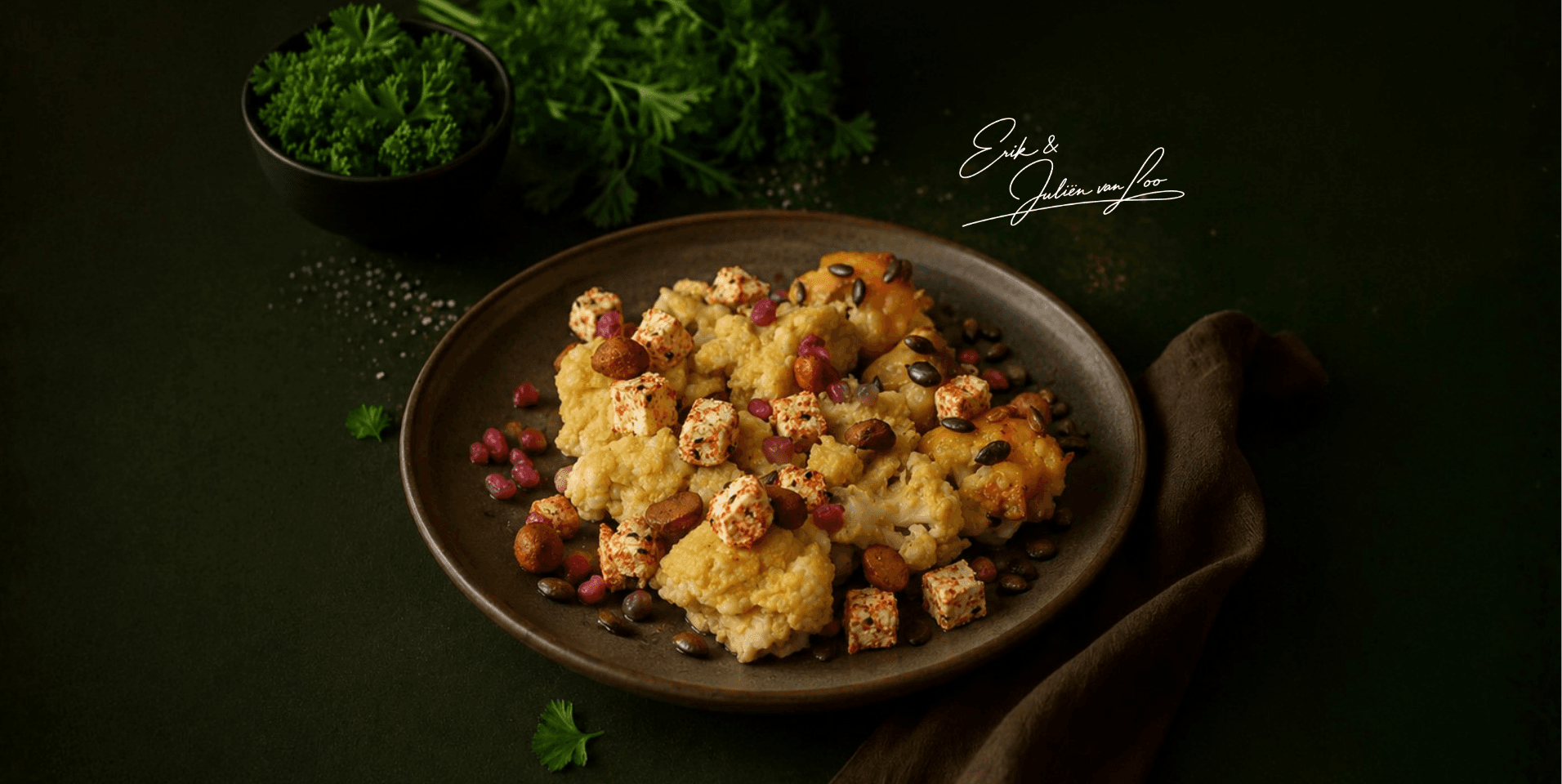 Bloemkoolstoof met miso, feta, granaatappel en noten