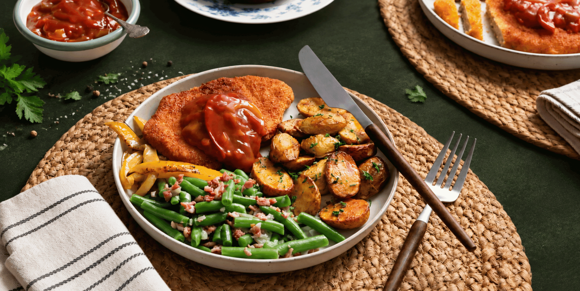 Kipschnitzel in stroganoffsaus met sperziebonen en krieltjes
