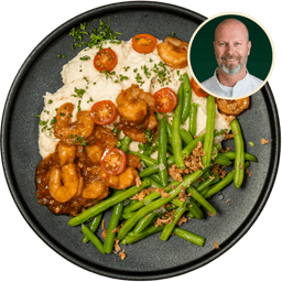 Gamba’s in boemboe ketjap met sperziebonen en pastinaakpuree