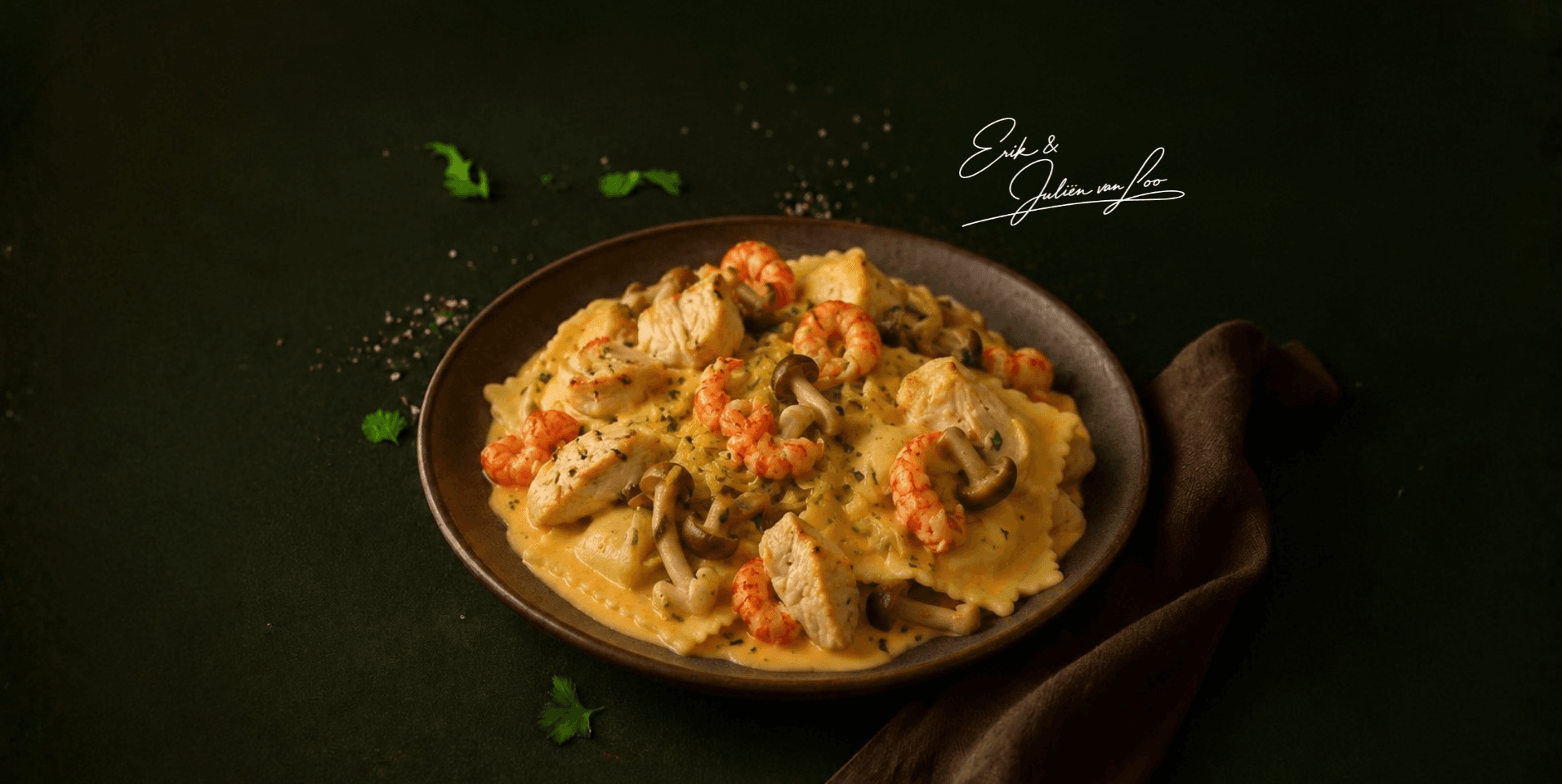 Ravioli in kreeftensaus met kipfilet en rivierkreeftjes