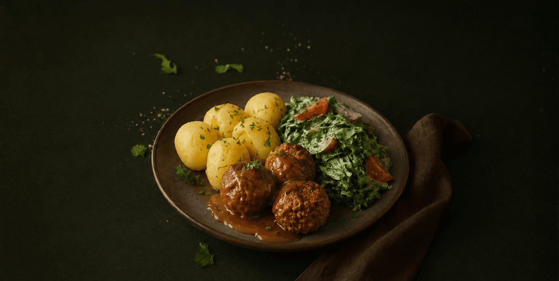 Gehaktballen met spinazie à la crème en aardappelen