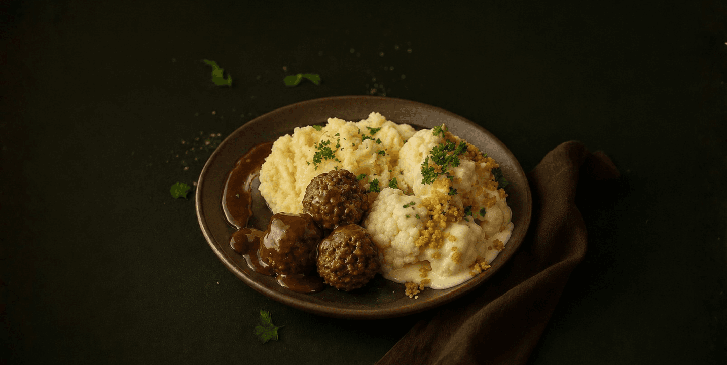Gehaktballen met bloemkool in kaassaus en aardappelpuree