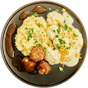 Gehaktballen met bloemkool in kaassaus en aardappelpuree