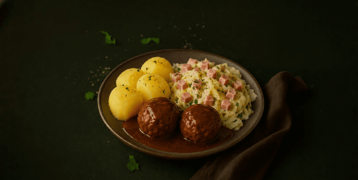 Gehaktballen met witlof in hollandaisesaus en aardappelen