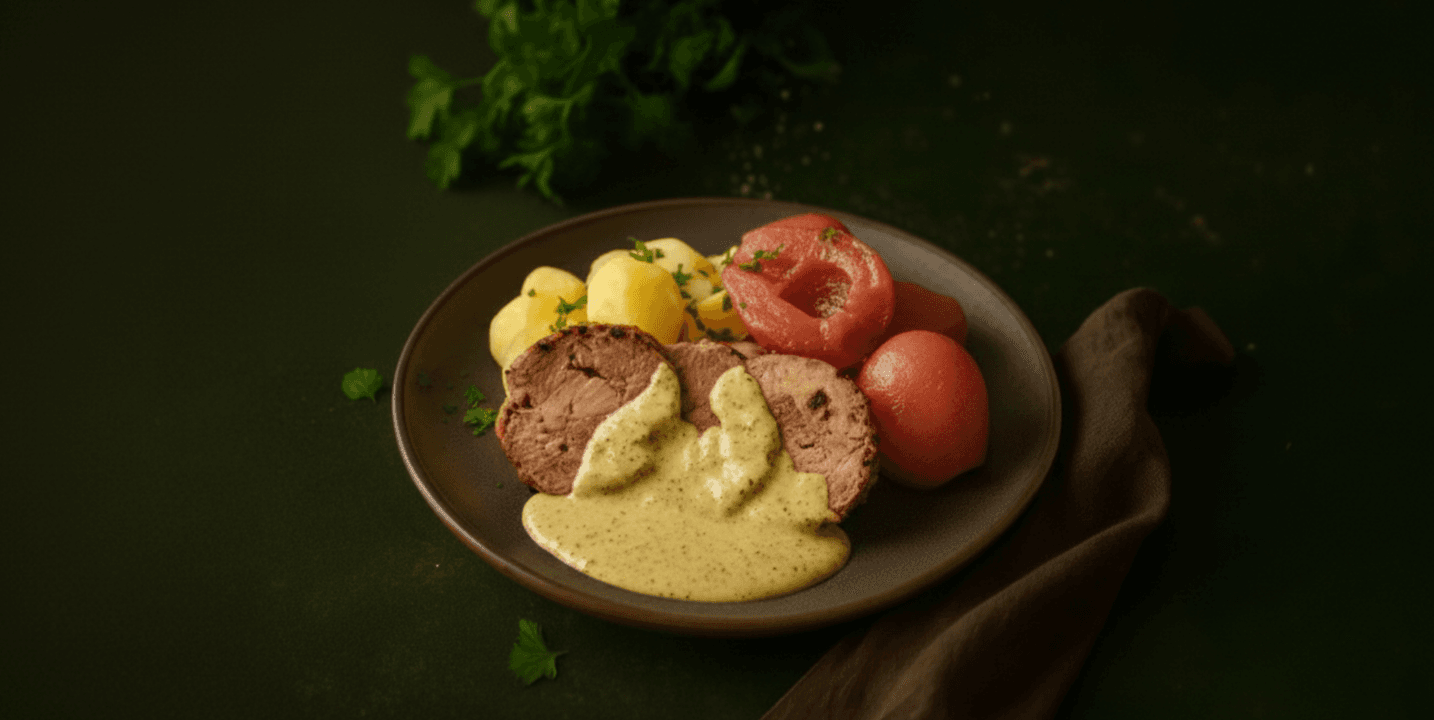 Rollade in mosterdsaus met stoofpeertjes en aardappelen