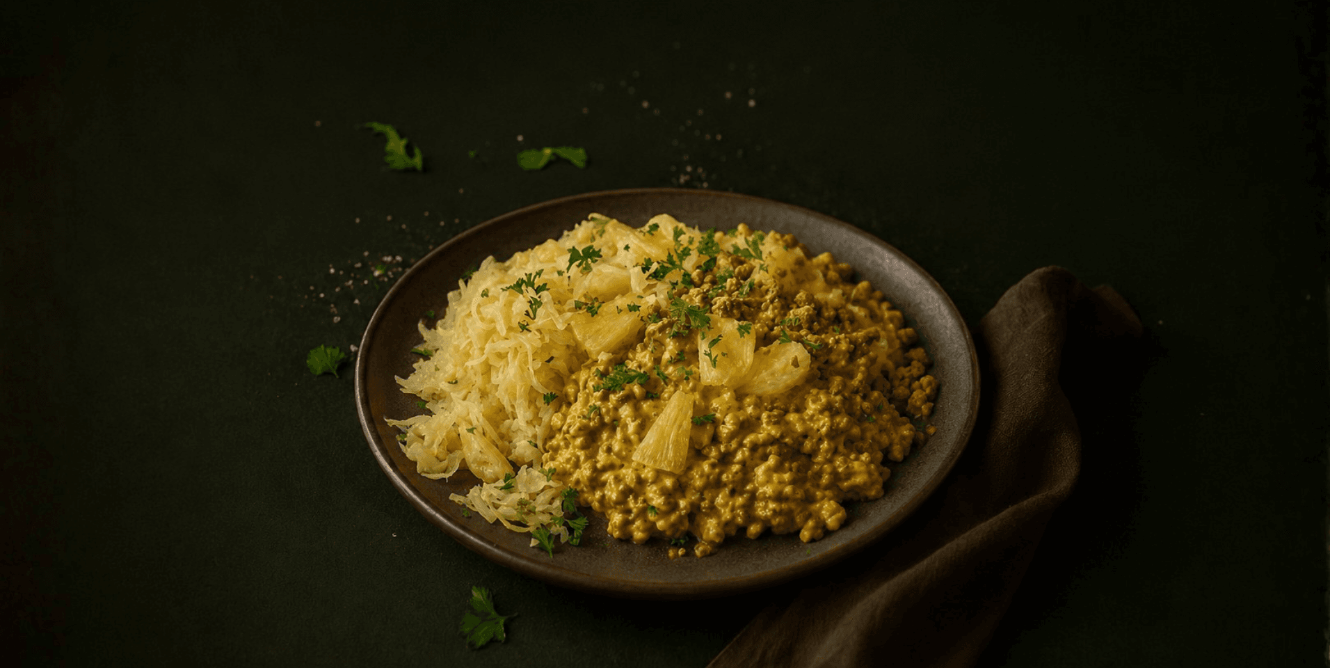 Zuurkoolschotel met gehakt, kerriesaus en ananas