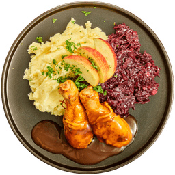 Drumsticks in jus met rodekool en aardappelpuree