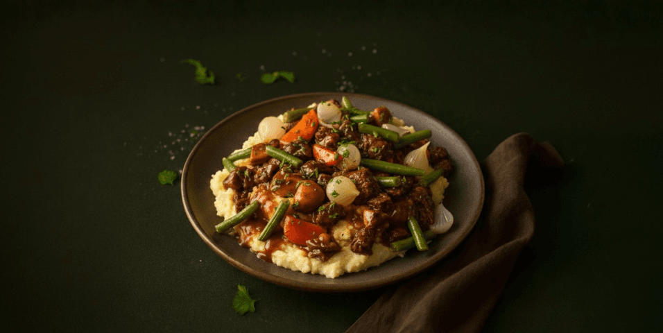 Boeuf bourguignon met sperziebonen en aardappelpuree