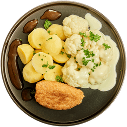 Cordon bleu met bloemkool in kaassaus en aardappelen