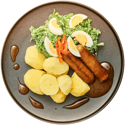 Chipolataworstjes met spinazie, ei en aardappelen