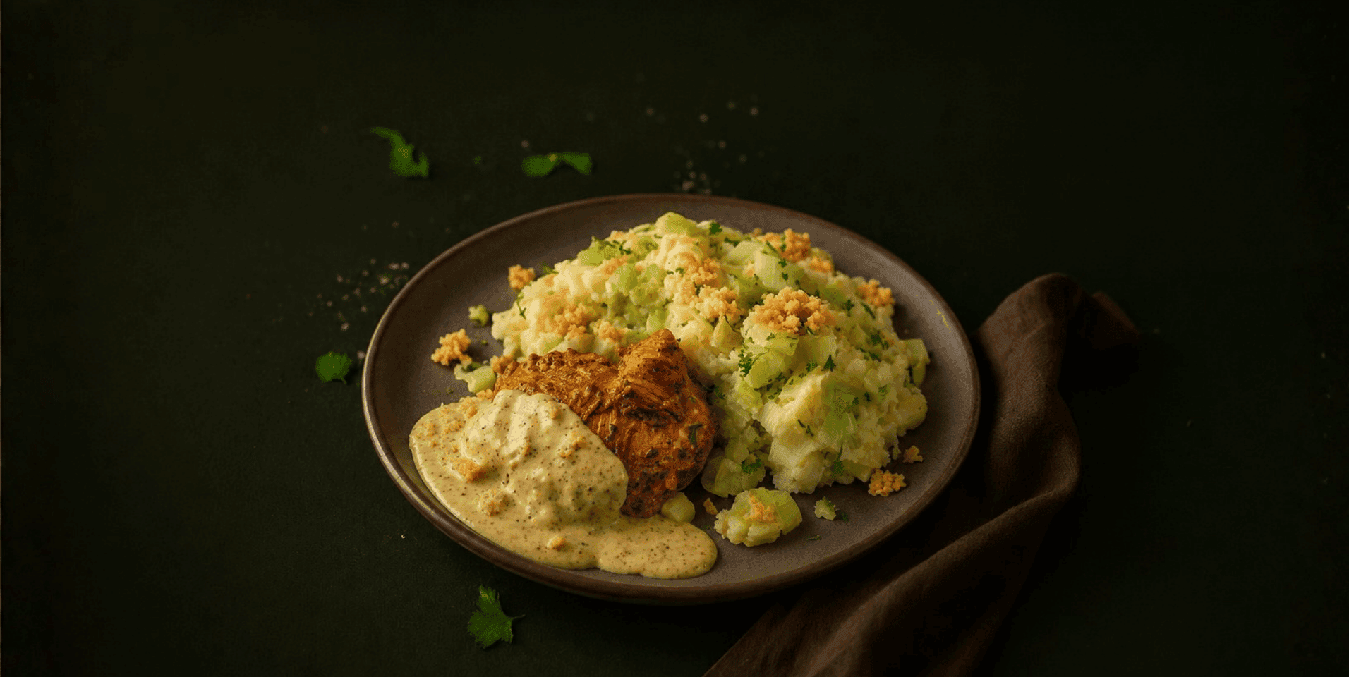 Stamppot van prei met kipfilet in mosterdsaus