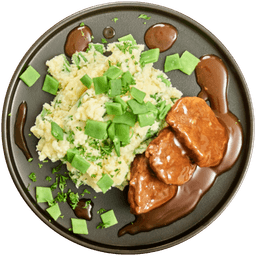 Stamppot snijboontjes met een runderlapjes in jus