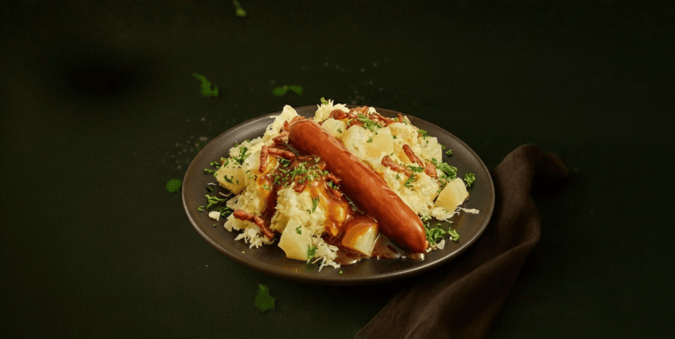Stamppot zuurkool met ananas en rookworst in jus