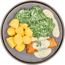 Zalm met spinazie, aardappelen en dillesaus