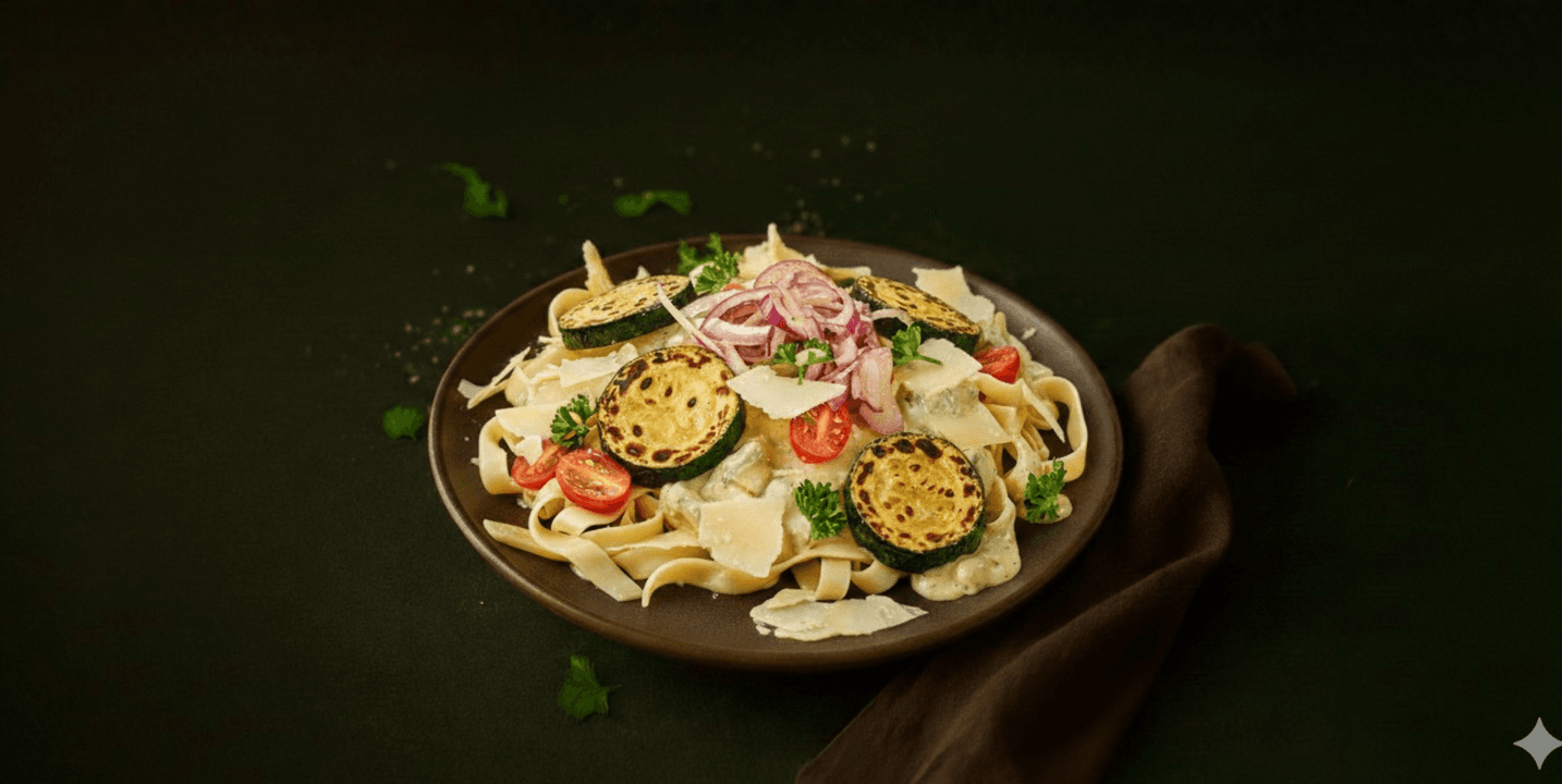 Tagliatelle in roomsaus met gegrilde courgette