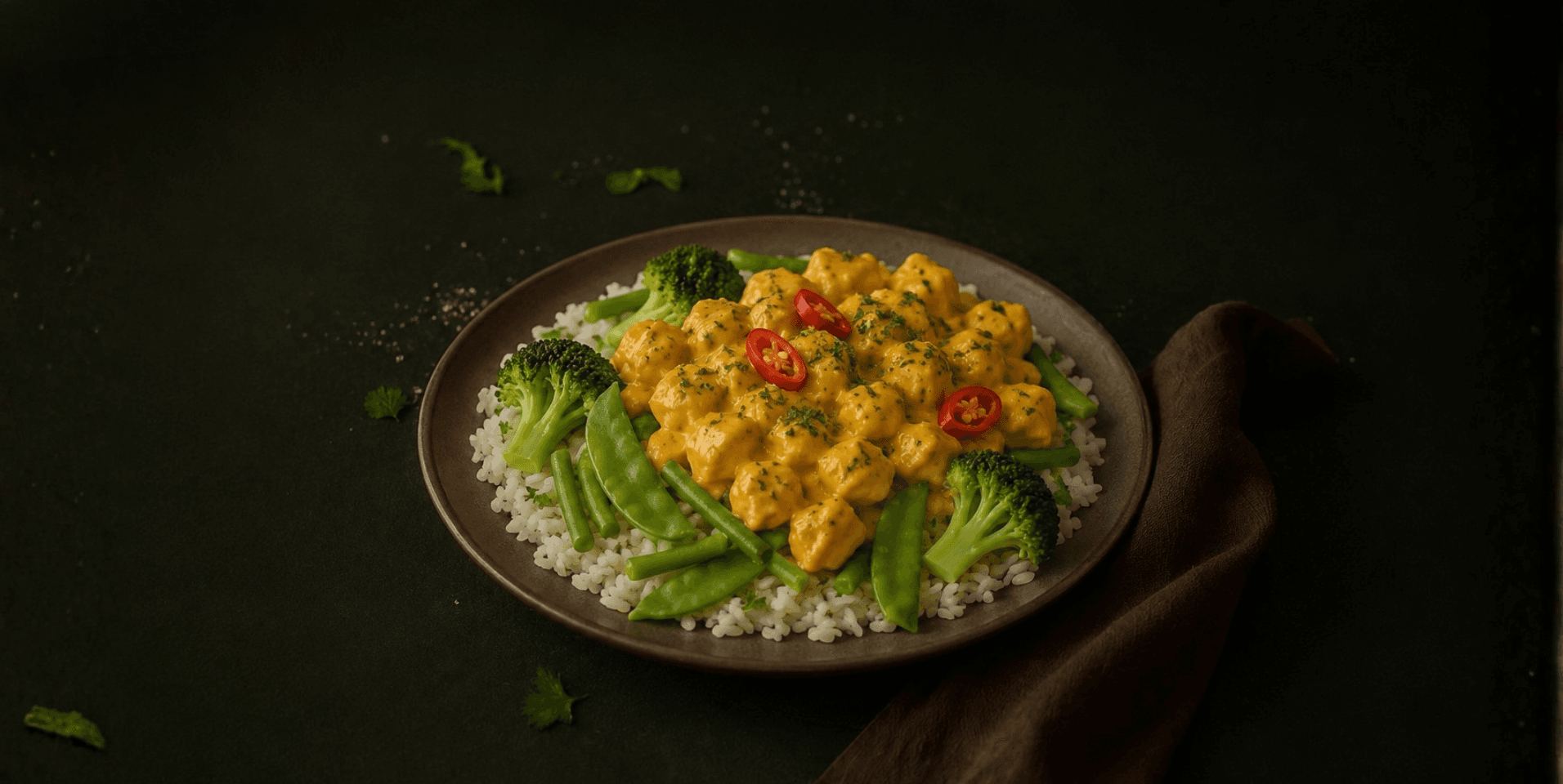 Kip in mango-kerriesaus met groene groenten en rijst