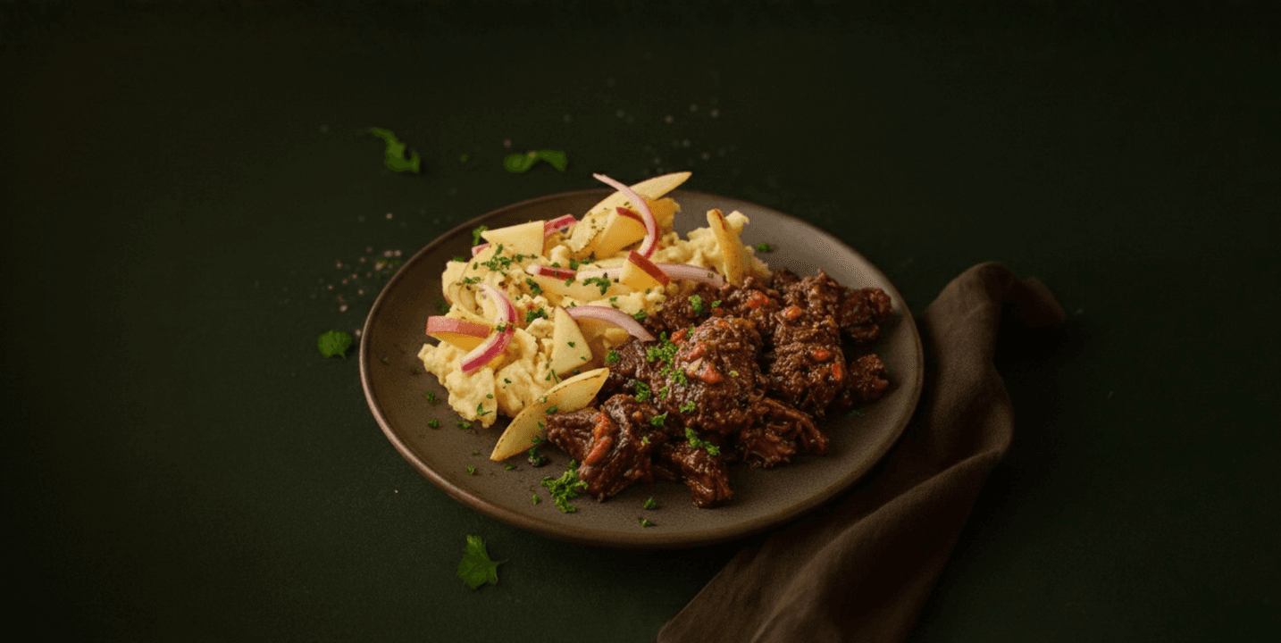 Jachtschotel van rundvlees met appel en aardappelpuree