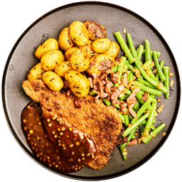 Kipschnitzel in pepersaus met sperziebonen en krieltjes