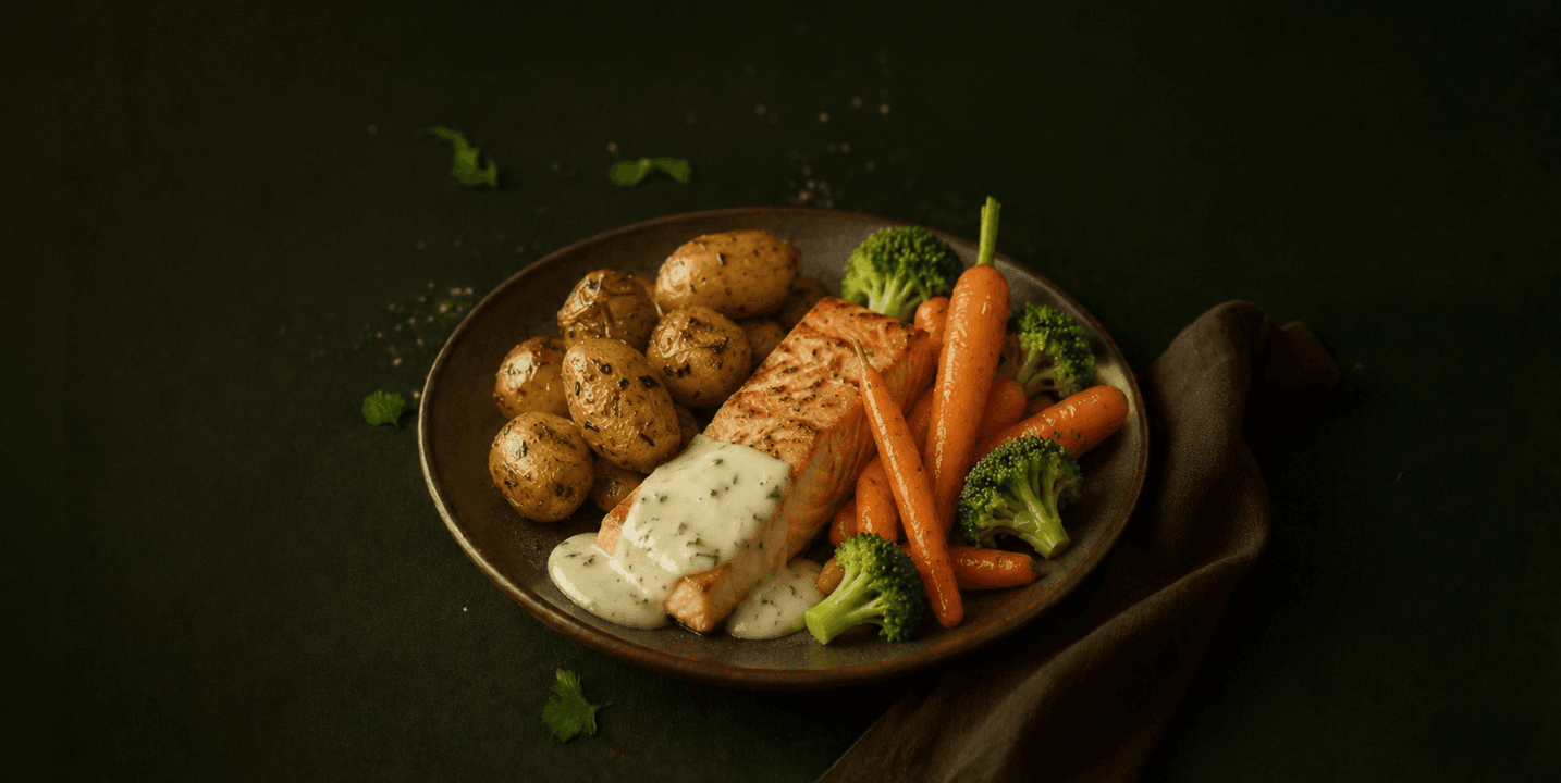 Zalm in botersaus met worteltjes en krieltjes