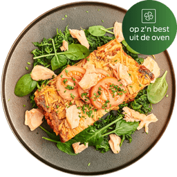 Lasagne van zalm, spinazie en trostomaat