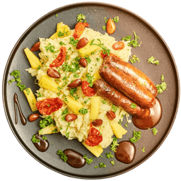 Stamppot zuurkool met ananas, tomaat en chipolataworstjes