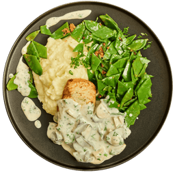 Kipfilet in romige paddenstoelensaus met snijbonen en aardappelpuree