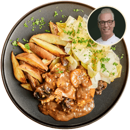 Vlaamse kip met roseval friet en witlof