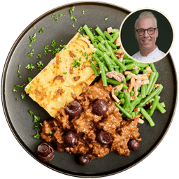 Boeuf bourguignon, sperziebonen en aardappelgratin