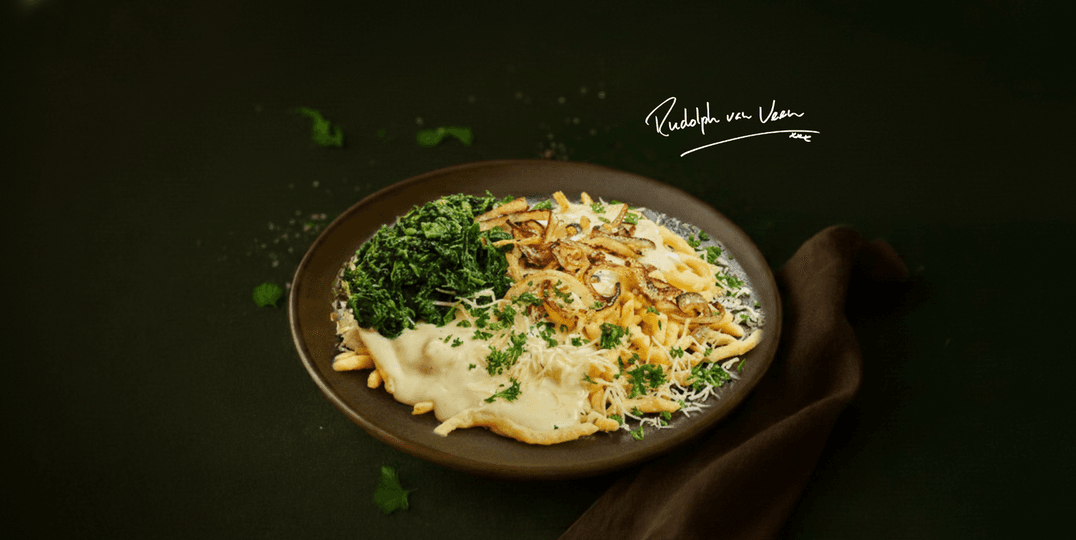 Rudolph’s käsespätzle met paddenstoelen en spinazie