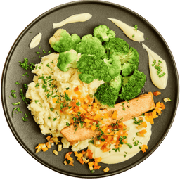 Zalm in hollandaisesaus met broccoli en bloemkoolpuree