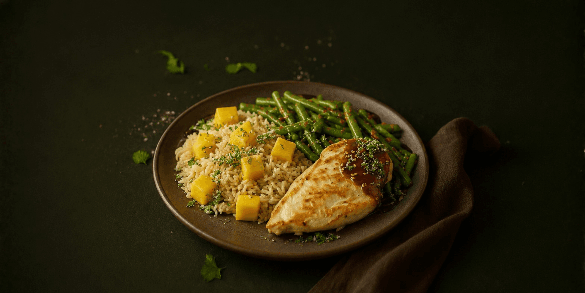 Oosterse kip met sambalboontjes, mango en rijst