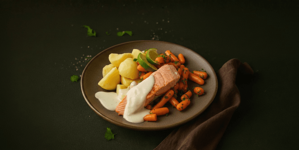 Zalm in botersaus met worteltjes, doperwten en aardappelen