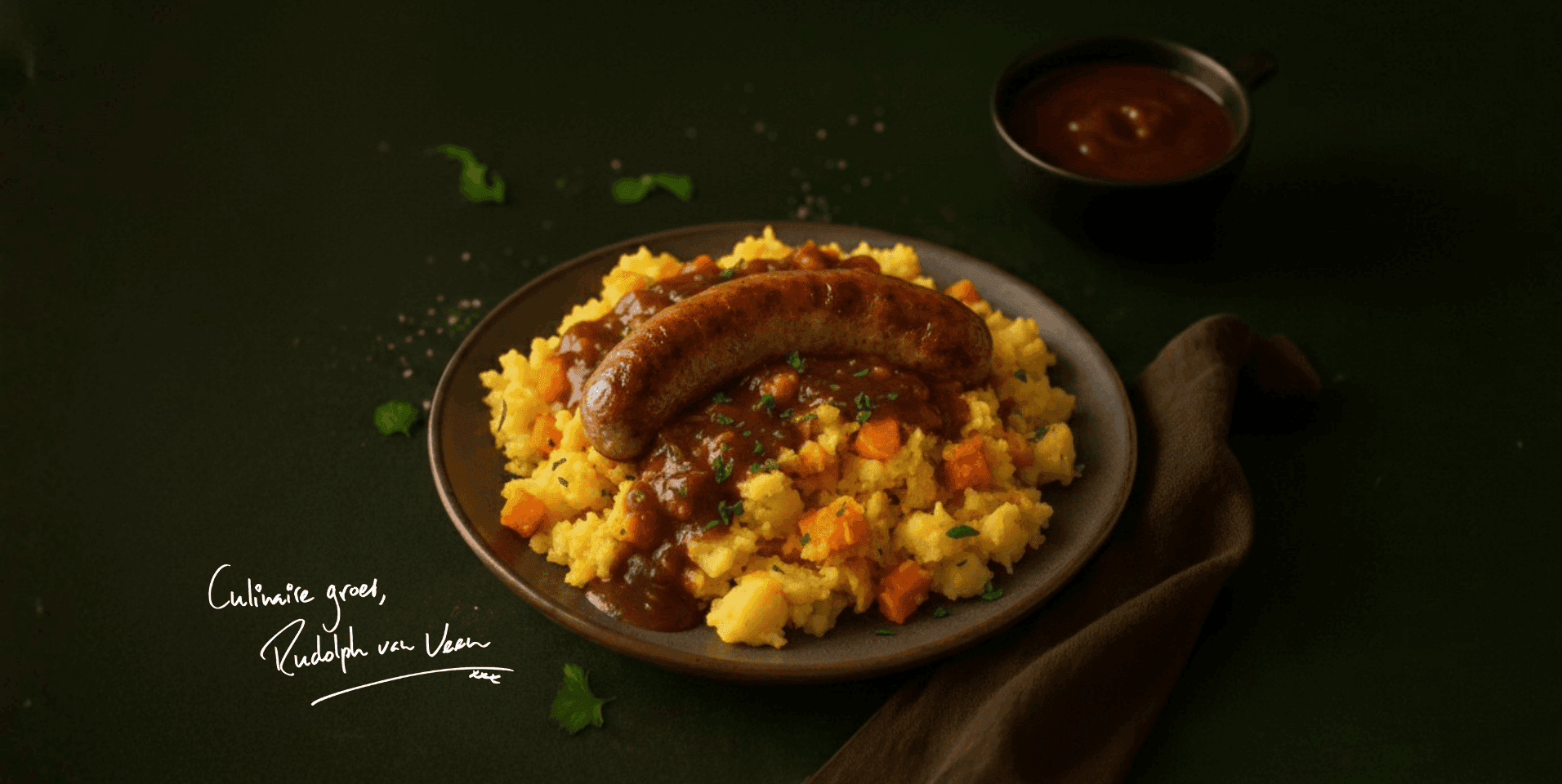 Leidse hutspot met vegetarische rookworst in uienjus