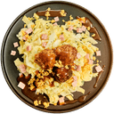 Stamppot witlof met ham, kaas en een gehaktbal