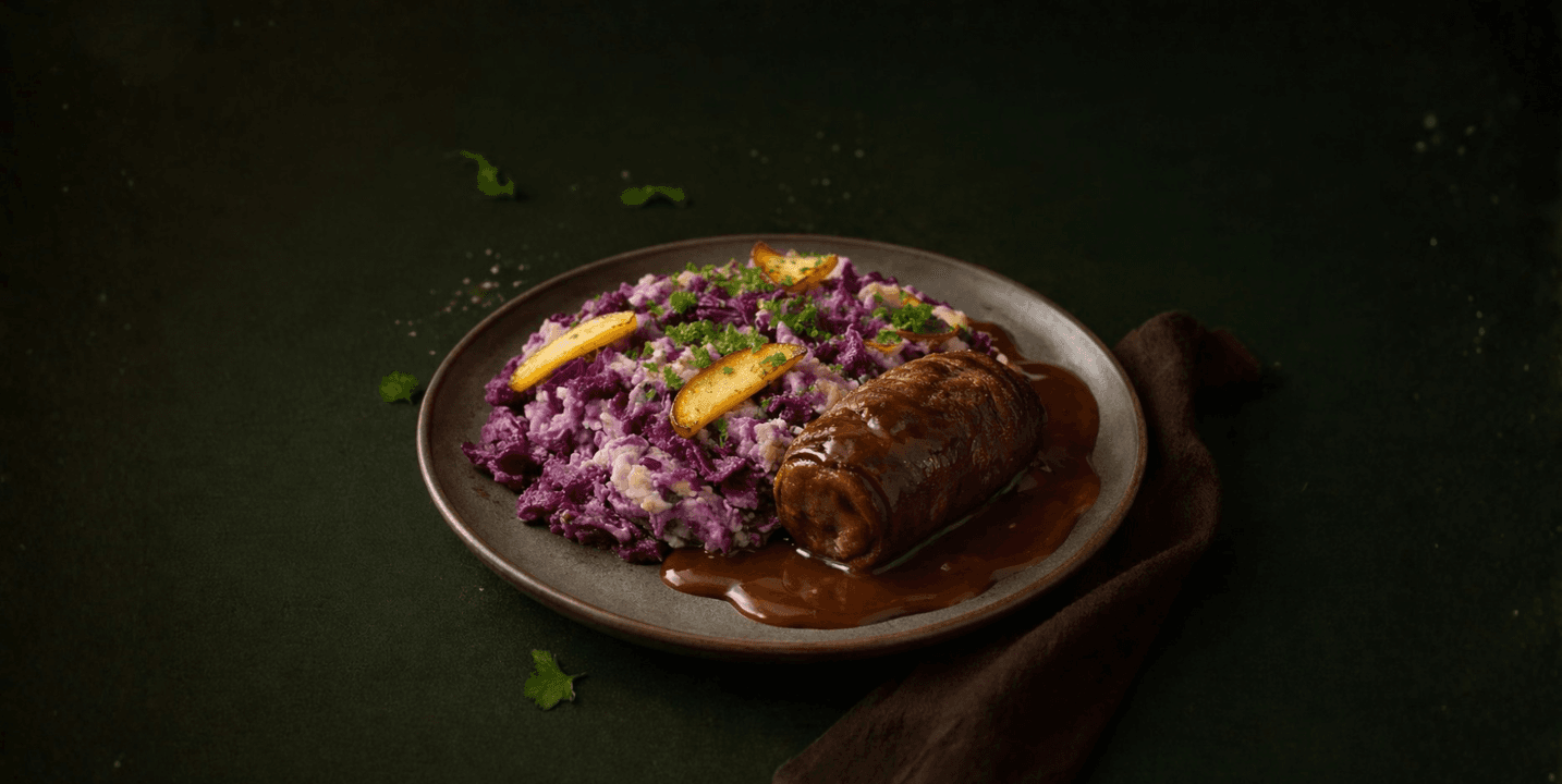 Stamppot rodekool met appeltjes en rundervink in jus