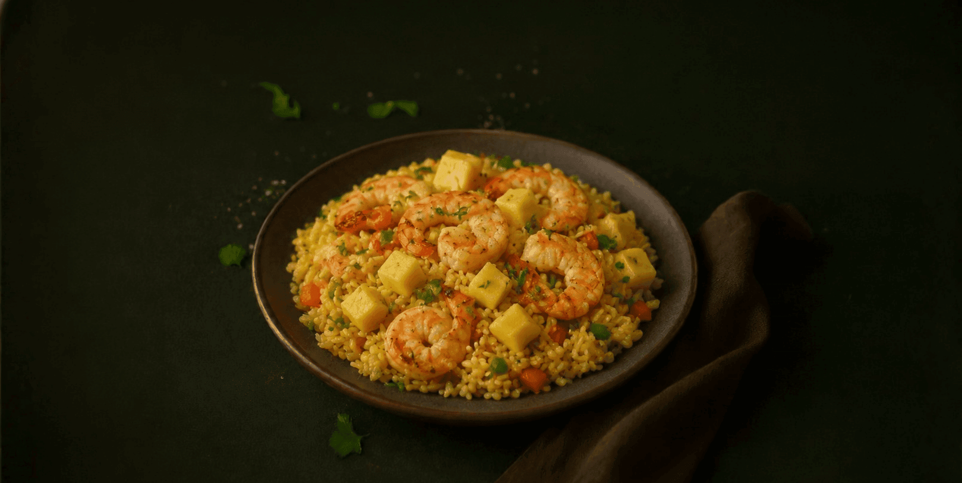 Gamba’s met kruidige rijst en mango chutney