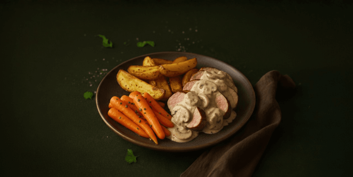 Varkenshaas met champignonsaus, roseval en worteltjes