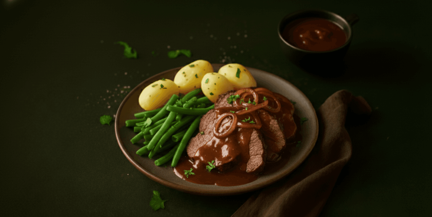 Runderlapjes in jus, sperziebonen en aardappelen